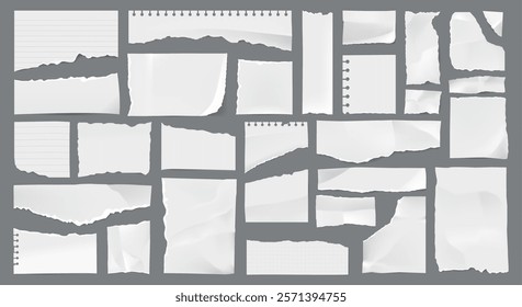 White torn paper texture, rip tear paper pieces and scraps, vector scrapbooking craft. Blank white spiral notebook pages and crumpled notepad sheet strips with torn grunge edges and cutout holes