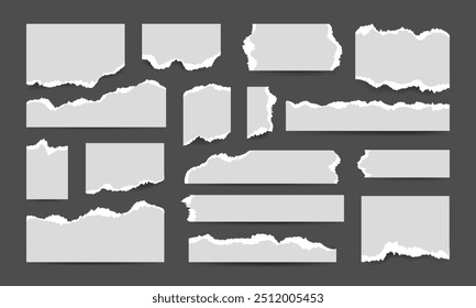 White torn or ripped paper sheet foe scrapbook or Collage. Notebook piece with jagged edges. Wide and narrow, long and short, square and rectangular elements for decoration.
