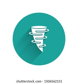 White Tornado icon isolated with long shadow. Green circle button. Vector Illustration