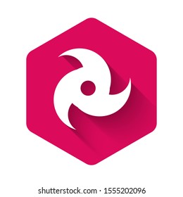 White Tornado icon isolated with long shadow. Cyclone, whirlwind, storm funnel, hurricane wind or twister weather icon. Pink hexagon button. Vector Illustration
