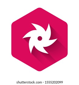 White Tornado icon isolated with long shadow. Cyclone, whirlwind, storm funnel, hurricane wind or twister weather icon. Pink hexagon button. Vector Illustration