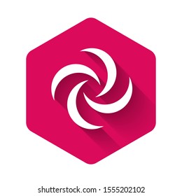 White Tornado icon isolated with long shadow. Cyclone, whirlwind, storm funnel, hurricane wind or twister weather icon. Pink hexagon button. Vector Illustration