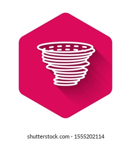 White Tornado icon isolated with long shadow. Cyclone, whirlwind, storm funnel, hurricane wind or twister weather icon. Pink hexagon button. Vector Illustration