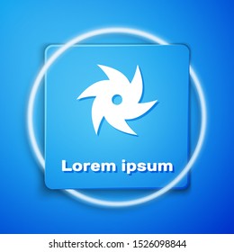 White Tornado icon isolated on blue background. Cyclone, whirlwind, storm funnel, hurricane wind or twister weather icon. Blue square button. Vector Illustration