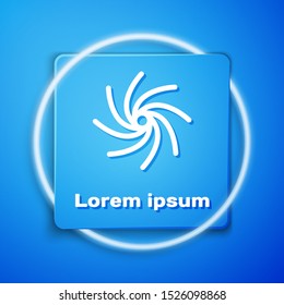 White Tornado icon isolated on blue background. Cyclone, whirlwind, storm funnel, hurricane wind or twister weather icon. Blue square button. Vector Illustration
