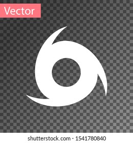 White Tornado icon isolated on transparent background. Cyclone, whirlwind, storm funnel, hurricane wind or twister weather icon.  Vector Illustration