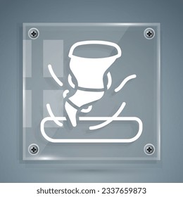 White Tornado icon isolated on grey background. Cyclone, whirlwind, storm funnel, hurricane wind or twister weather icon. Square glass panels. Vector