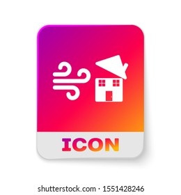 White Tornado swirl damages house roof icon isolated on white background. Cyclone, whirlwind, storm funnel, hurricane wind icon. Rectangle color button. Vector Illustration