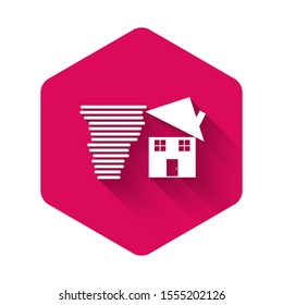 White Tornado swirl damages house roof icon isolated with long shadow. Cyclone, whirlwind, storm funnel, hurricane wind icon. Pink hexagon button. Vector Illustration