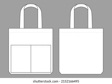 White tote bag with double pocket template on gray background.
Front and back view, vector file