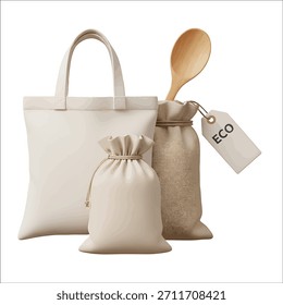 A white tote bag, a small drawstring pouch, and a burlap sack with a wooden spoon and an "ECO" tag are arranged on a white background.