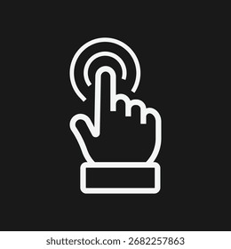 White Touch Gesture Icon with Upward Pointing Hand and Concentric Circles on Black Background, Minimalist Symbol for Tap, Touchscreen, and UI Interaction in Digital Design