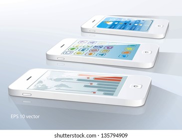 White touchscreen smartphones with applications on screens. Vector illustration