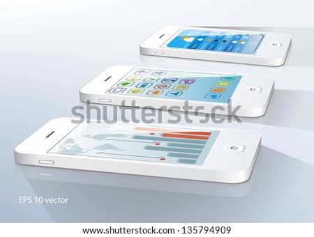 White touchscreen smartphones with applications on screens. Vector illustration