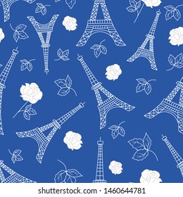 White Tour Eiffel and white roses in a seamless pattern design, that can be used on the web or in print for surface design