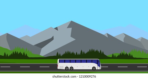 White tourist bus driving on the road vector illustration. Mountain landscape or background. Bus travel road. Bus highway