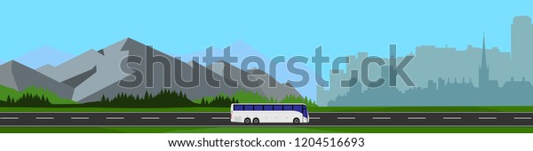 White tourist bus driving on the road vector\
illustration. Mountain and urban landscape background. Bus travel\
road. Bus highway
