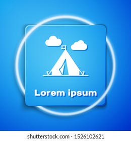 White Tourist tent with flag icon isolated on blue background. Camping symbol. Blue square button. Vector Illustration