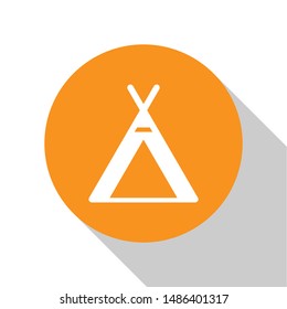 White Tourist tent icon isolated on white background. Camping symbol. Orange circle button. Vector Illustration