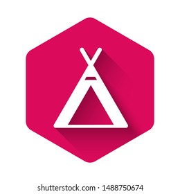 White Tourist tent icon isolated with long shadow. Camping symbol. Pink hexagon button. Vector Illustration