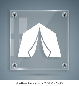 White Tourist tent icon isolated on grey background. Camping symbol. Square glass panels. Vector