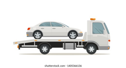 White tow truck with car. Towing truck delivers the broken car. Side view. Blank template for corporate identity and advertising. Vector illustration, flat design style. Isolated on white background.