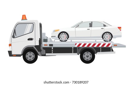 White tow truck with white sedan car on it. Flat vector with solid color design.