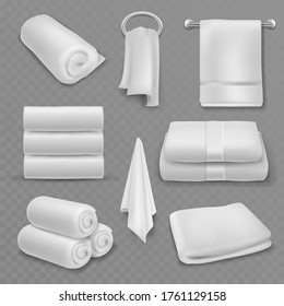 White towel. Beautiful fresh hotel bathroom, kitchen or beach stacked towels, roll and hanging, soft cotton luxury textile hygiene items, realistic vector mockups