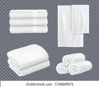 White towel. Hotel bathroom hygiene textile stacked beautiful fresh towels for washing room vector realistic sets