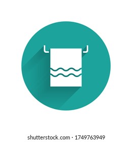 White Towel on a hanger icon isolated with long shadow. Bathroom towel icon. Green circle button. Vector Illustration