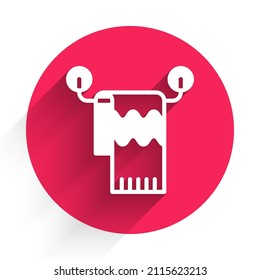 White Towel on hanger icon isolated with long shadow background. Bathroom towel icon. Red circle button. Vector