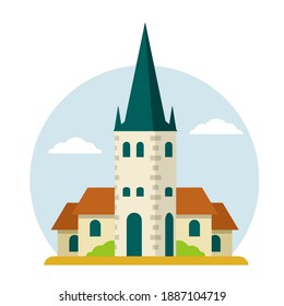 White tower. Element of medieval town with house and red roof. Estonian Tourist Attraction In Tallinn.