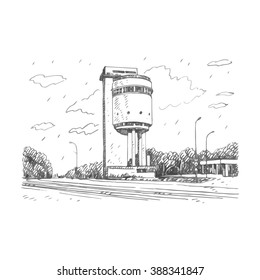 White Tower - the former water tower, an architectural monument of constructivism in Yekaterinburg, Russia. Sketch by hand. Vector illustration