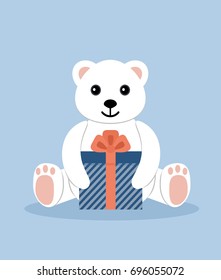 White toy bear with gift box on blue background. Flat style, vector illustration. 