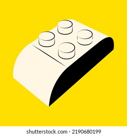 White toy brick block on a yellow background. Retro geometric illustration of construction game in perspective. Creative element for childrens store, flyer design. Vector flat illustration icon.