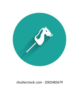 White Toy horse icon isolated with long shadow. Green circle button. Vector