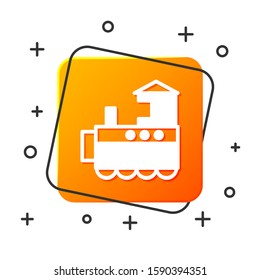 White Toy train icon isolated on white background. Orange square button. Vector Illustration