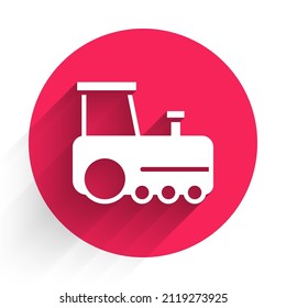 White Toy train icon isolated with long shadow background. Red circle button. Vector