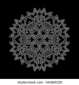 White tracery snowflake for Christmas design. Template for cover, poster, t-shirt or tattoo. Winter symbol in the zentangle style. Vector illustration.