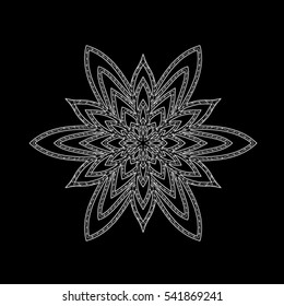 White tracery snowflake for Christmas design. Template for cover, poster, t-shirt or tattoo. Winter symbol in the zentangle style. Vector illustration.