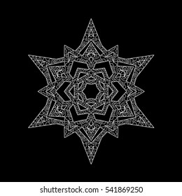 White tracery snowflake for Christmas design. Template for cover, poster, t-shirt or tattoo. Winter symbol in the zentangle style. Vector illustration.