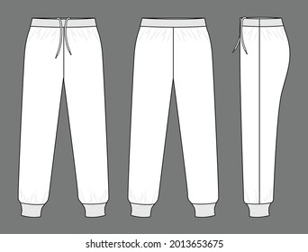 White Tracksuit Pants Template on Gray Background. Front, Back, and Side View, Vector File.