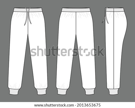 White Tracksuit Pants Template on Gray Background. Front, Back, and Side View, Vector File.
