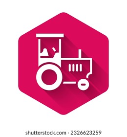 White Tractor icon isolated with long shadow background. Pink hexagon button. Vector