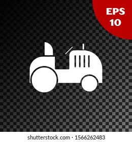 White Tractor icon isolated on transparent dark background.  Vector Illustration