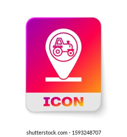 White Tractor and location icon isolated on white background. Rectangle color button. Vector Illustration