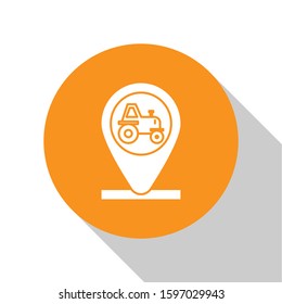 White Tractor and location icon isolated on white background. Orange circle button. Vector Illustration