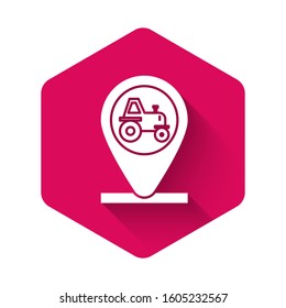 White Tractor and location icon isolated with long shadow. Pink hexagon button. Vector Illustration
