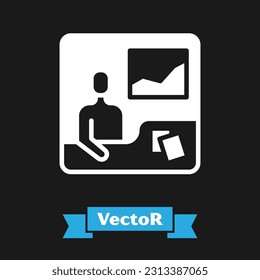 White Trading courses icon isolated on black background. Distance learning finance management, buying and selling assets in the stock markets.  Vector