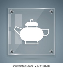 White Traditional Chinese tea ceremony icon isolated on grey background. Teapot with cup. Square glass panels. Vector